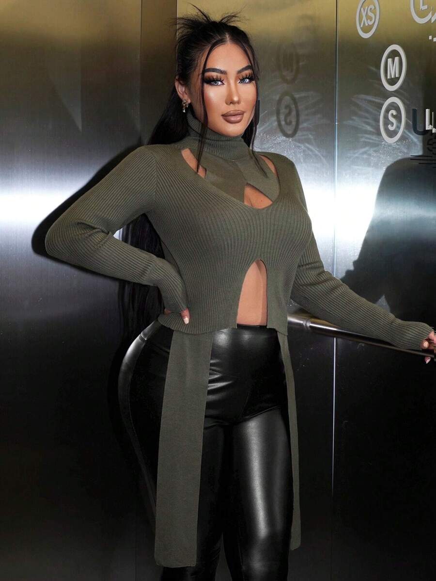 SHEIN SXY Cut Out Asymmetrical Hem Mock Neck Sweater - Army Green - View 1
