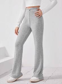 SHEIN 少女针织纯色羊毛皱褶腰部扭结喇叭裤 - 灰色 - 查看 6