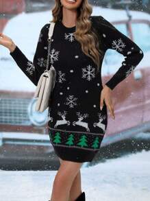 Breezaya Figurbetontes Strick Kleid mit Weihnachten Muster, - Schwarz - Übersicht 6