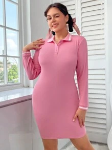 SHEIN EZwear 大尺碼拼色polo領連衣裙 - 粉色 - 查看 4