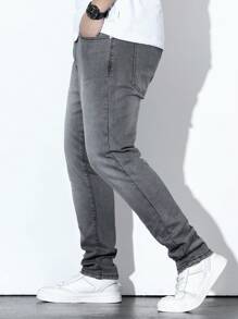 Manfinity Homme Men Plus Bleach Wash Tapered Jeans, Plain Slim Fit Dark Jeans Long Light Grey Washed Cargo Jeans, For Husband, Boyfriend Gifts - Grey - View 7