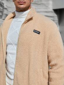 Manfinity VCAY Loose Men's Plus Size Teddy Jacket With Letter Patchwork And Drop Shoulder Design, For Fall Winter - Apricot - View 4