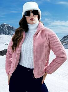 SHEIN LUNE 拉链灯芯绒加厚棉服外套冬季 - 粉色 - 查看 1