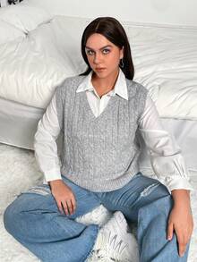 Flirla 大碼麻花編織毛衣背心不帶襯衫 - 灰色 - 查看 3