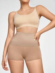 Shapelle Forme Women's Apricot Knitted Fabric Semi-Sheer Tummy Control Mini Shorts Casual Style Mid Stretch Waist Control Leggings