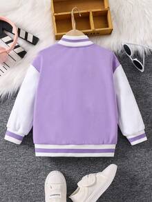 SHEIN 女小童標語和人物圖案條紋飾邊落肩袖學院風夾克 - 紫色 - 查看 2