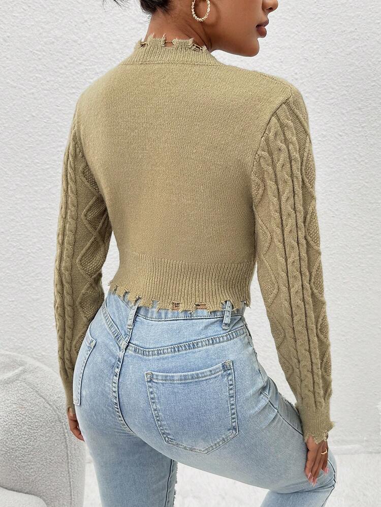 Solid Cable Knit Distressed Trim Crop Knit Pullover Fall Winter Sweater