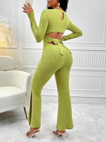 Cut Out Tie Back Ribbed Knit Split Thigh Jumpsuit - Olive Green - View 2