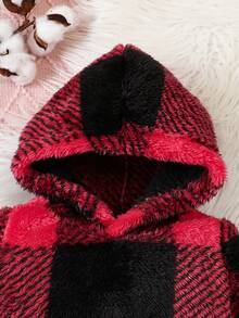 女嬰格紋印花補丁細節連帽衫和褲子 - 酒紅色 - 查看 3