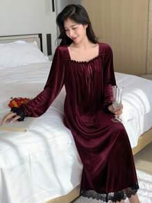 DAZY Women's Autumn/Winter Glamorous Velvet Contrast Color Lace Patchwork Nightgown, For Fall Red Women Dresses Pajama,New Year, Moo Moo Night Dress - Burgundy - View 1