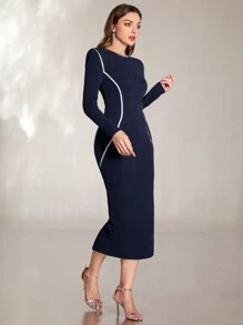 Modelyn Contrast Binding Bodycon Dress - Navy Blue - View 3