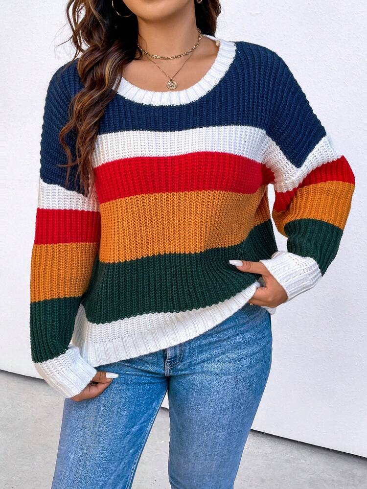 Plus Color Block Drop Shoulder Sweater Knit Pullover Fall Winter Sweater