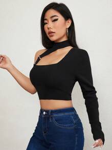 Zolique Asymmetrical Neck Cut Out Front Crop Knit Pullover Fall Winter Sweater - Black - View 4