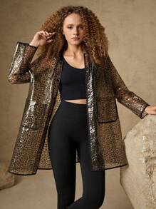 In My Nature Leopard Print Pocket Patched Raincoat - Black - View 7