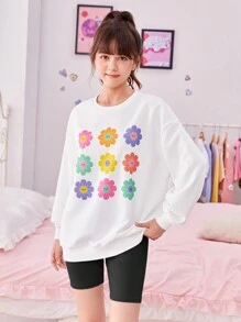 SHEIN Chica adolescente Pullover con estampado floral de hombros caídos & Shorts biker - Negro - Ver 3