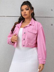 SHEIN EZwear 大碼翻蓋口袋落肩袖牛仔夾克 - 淺粉色 - 查看 3