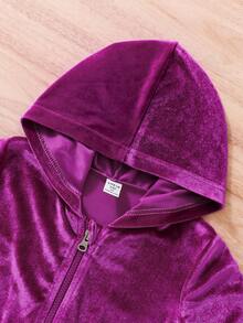 SHEIN 女小童刺繡字母圖案絲絨拉鍊開襟連帽衫和喇叭褲 - 玫紅色 - 查看 5