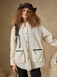 In My Nature Zip Detail Patched Pocket Drop Shoulder Oversized Outdoor Shirt - Beige - View 6