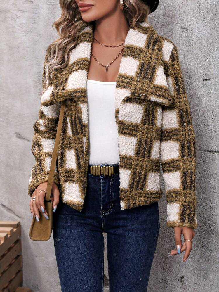 Plaid Pattern Open Front Teddy Jacket Fall Cloth For Women