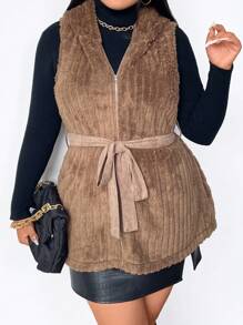 Celure Plus Hooded Belted Fuzzy Vest Coat Thermal - Multicolor - View 5