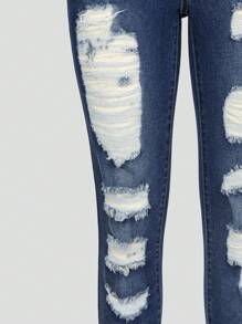 SHEIN ChillGRL Teen Girl Ripped Roll Up Hem Jeans - Dark Wash - View 6