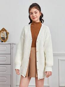 Teen Girl Drop Shoulder Button Front Cardigan - White - View 1