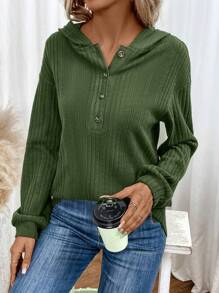 Chiquease 半扣落肩连帽套头衫 秋季卫衣 - 軍綠色 - 查看 3