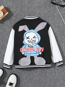 SHEIN 男小童卡通和字母圖案條紋飾邊學院風夾克 - 黑色 - 查看 3