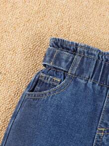 Baby Girl Casual Washed Denim Jeans With Paper Bag Waist & Tapered Leg - Dark Wash - View 4