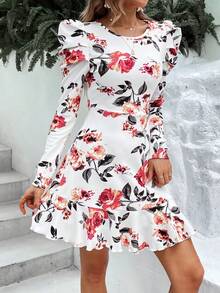 SHEIN VCAY Floral Print Gigot Sleeve Ruffle Hem Dress - Multicolor - View 5