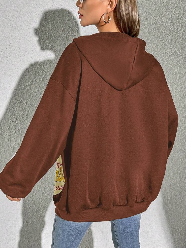 1pc Letter Graphic Drop Shoulder Zip Up Drawstring Hoodie