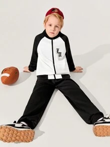 SHEIN Bộ 2 quần áo dệt kim in họa tiết tương phản cổ đứng tay áo có khóa kéo và quần màu trơn cho bé trai tuổi mới lớn, lót nhiệt, dày - màu đen - Xem 8