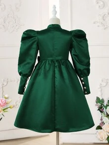 SHEIN Tween Girl Mock Neck Gigot Sleeve Pearls Detail Dress - Green - View 2