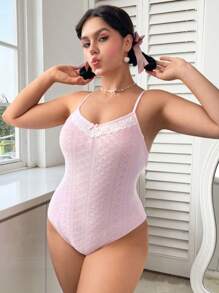 SHEIN EZwear 大碼蕾絲拼接網眼刺繡吊帶連體衣 - 粉色 - 查看 1