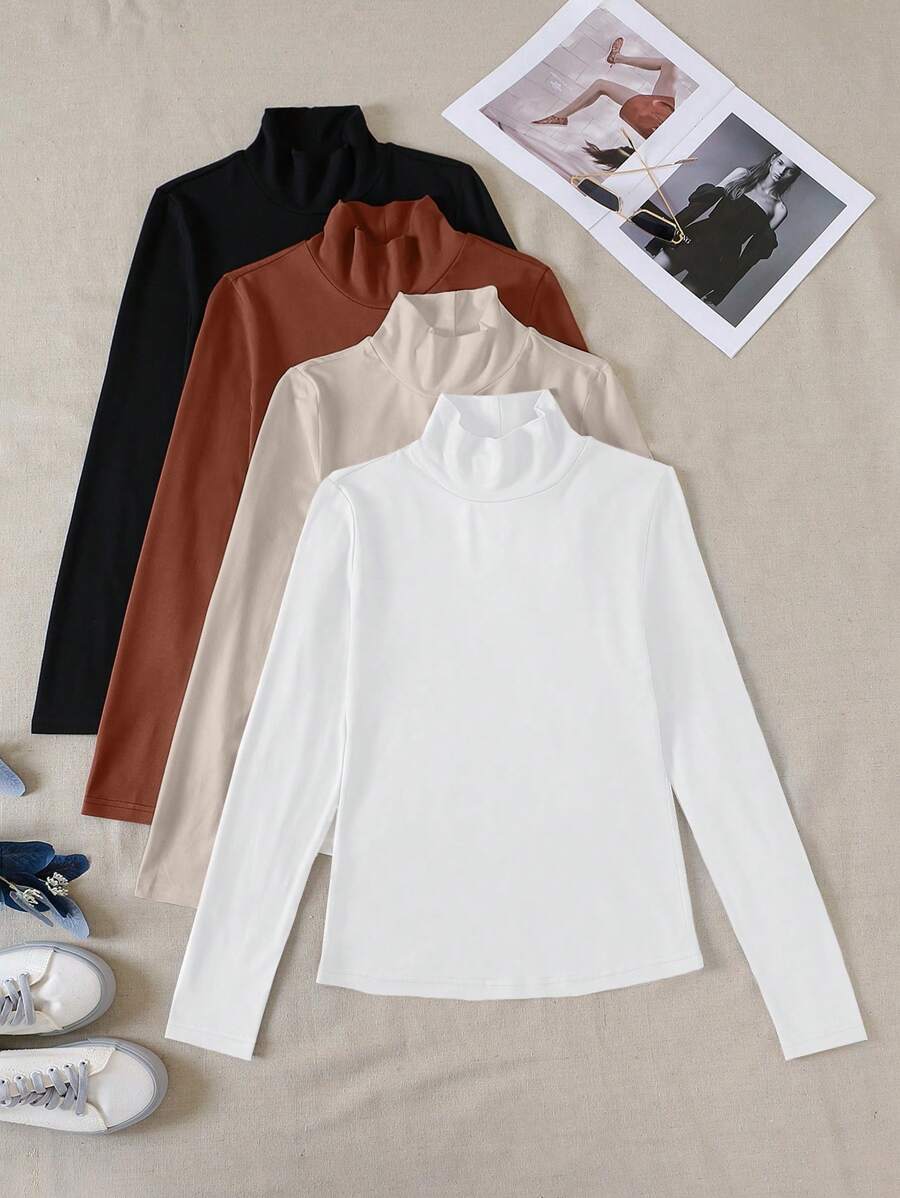 INAWLY 4pcs Solid Mock Neck Tee Fall Cloth For Women - Multicolor - View 1
