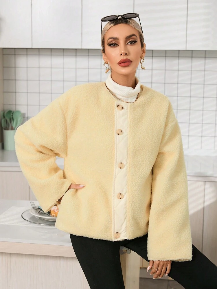 Drop Shoulder Button Front Teddy Coat Fall Cloth For Women