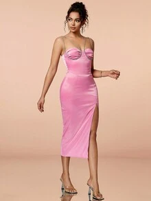 Rhinestone Detail Split Thigh Satin Cami Dress - Pink - View 6