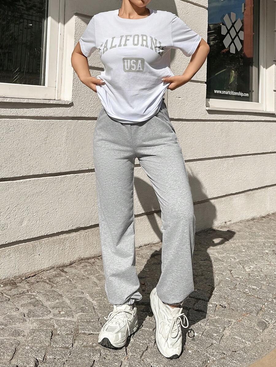 RueChic Letter Graphic Tee & Sweatpants - Grey - View 1