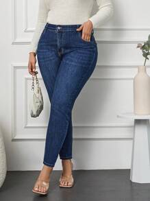 Plus Size  Zipper Fly Skinny Jeans - Navy Blue - View 1