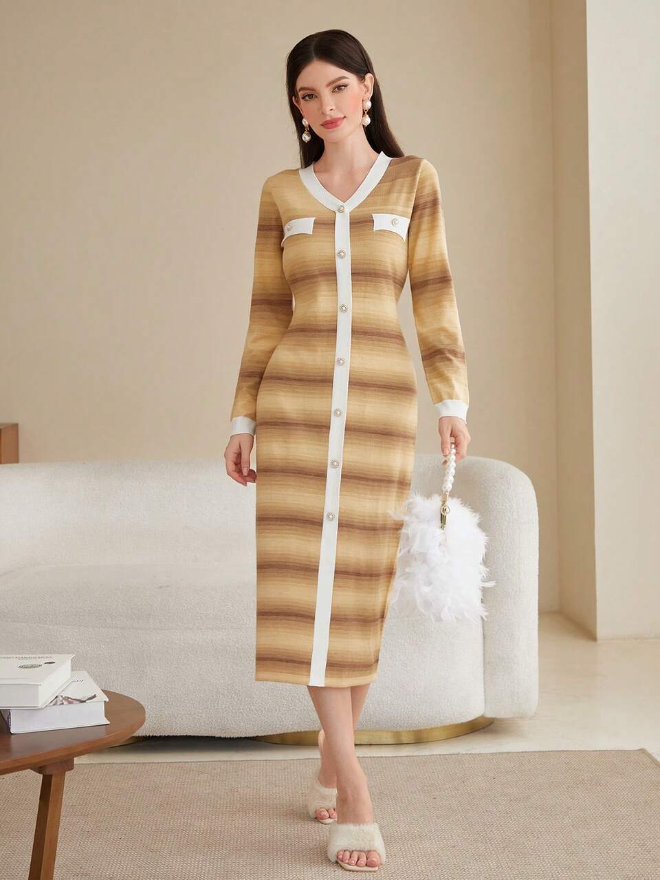 Striped Pattern Button Front Sweater Dress Fall Cloth For Women