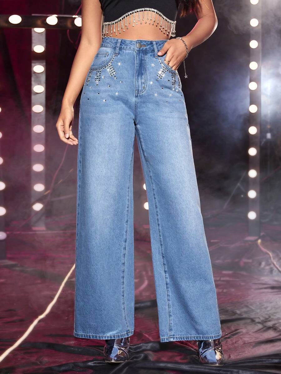 SHEIN Rhinestone Chi tiết quần ống rộng Quần jean - Rửa nhẹ - Xem 1