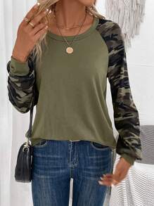 SHEIN LUNE Camiseta casual de manga raglán con estampado de camuflaje de contraste - Multicolor - Ver 6