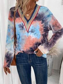 SHEIN LUNE Tie Dye Contrast Lace Trim Drop Shoulder Tee - Multicolor - View 5