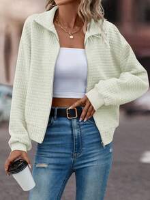 SHEIN LUNE 拉鏈開襟落肩袖夾克 - 杏色 - 查看 4