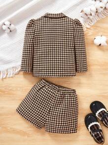 SHEIN Baby Girl Houndstooth Print Puff Sleeve Jacket & Shorts Without Sweater - Multicolor - View 2