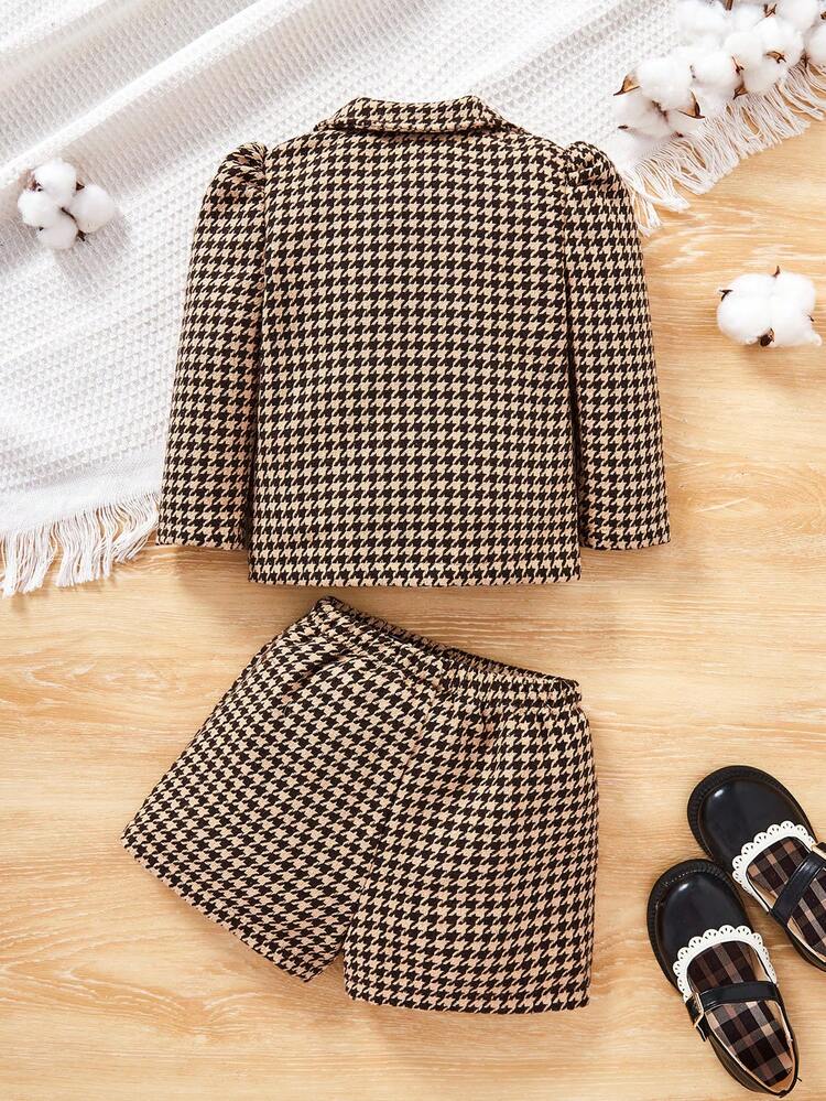 Baby Girl Houndstooth Print Puff Sleeve Jacket & Shorts Without Sweater