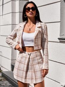 SHEIN Cottnline Plaid Pattern Crop Blazer & Skirt - Apricot - View 4