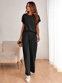 SHEIN LUNE Chất rắn tay cánh Áo thun & Quần ống rộng - màu đen - Xem 3