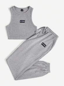 SHEIN EZwear con diseño de parche de letra Top tank & de cintura con cordón Pantalones deportivos - Gris - Ver 3