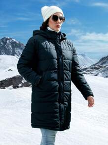SHEIN LUNE Women Winter Coats Kantong Zip Tombol Depan Plain Casual - Hitam - View 7